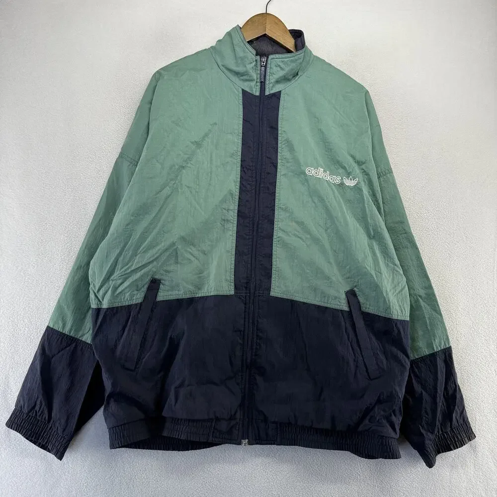 Vintage Adidas Windbreaker Jacket Men's XL Blue Full Zip Embroidered Trefoil 80s